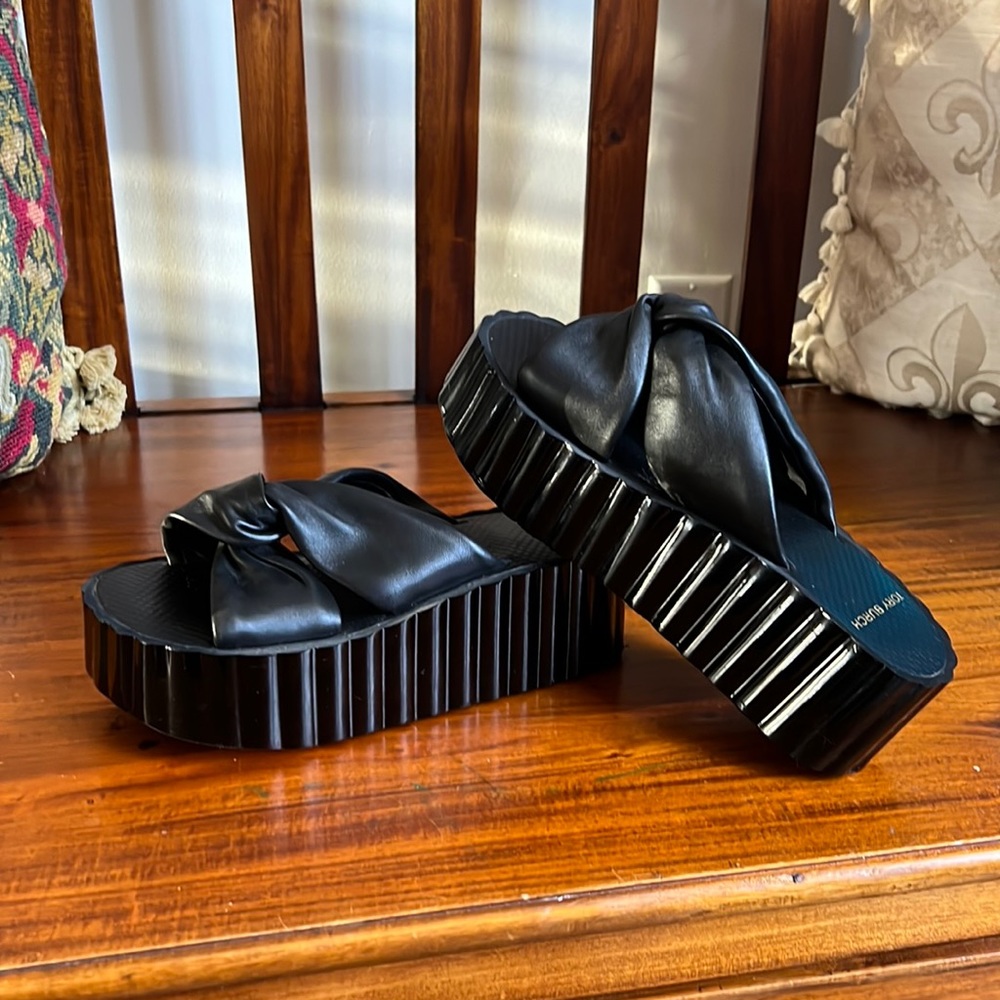 Tory Burch black leather scalloped wedge sandal 6